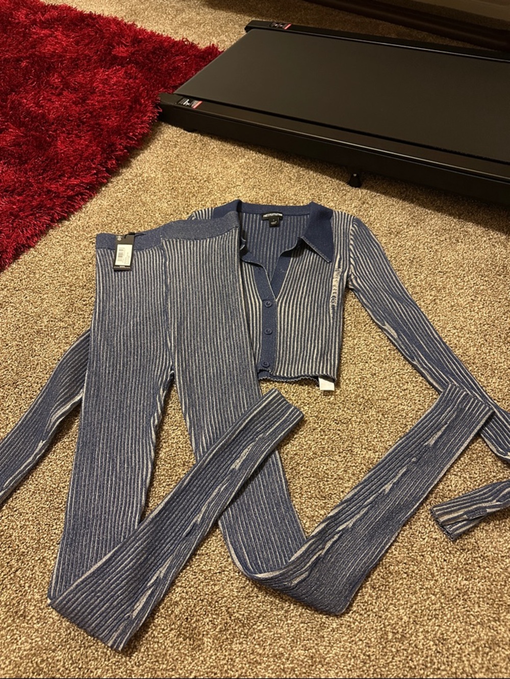 PrettyLittleThing Blue Ribbed Metallic Stripe Knit Set